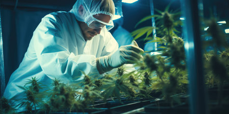 Farmer in a protective suit in a greenhouse growing hemp.の素材