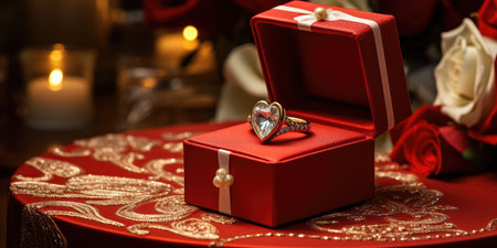 Diamond engagement ring in a red box in a restaurant.の素材