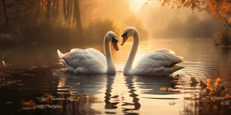 A pair of heart-shaped white swans swimming in the lake. Romantic photo for Valentine's Day.の素材