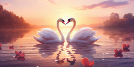 Two swans at sunrise or sunset, photo for poster. Romantic photo for Valentine's Day.の素材