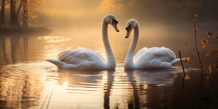A pair of heart-shaped white swans swimming in the lake. Romantic photo for Valentine's Day.の素材