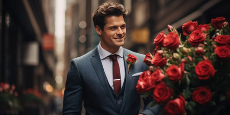 An elegant man in a suit with a bouquet of roses in the city. Romantic man.の素材