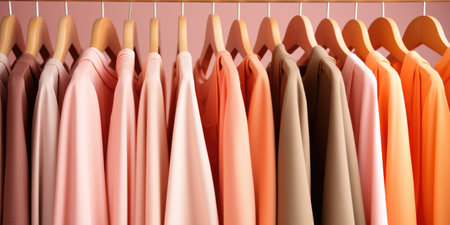Clothes in the closet on hangers. Fashion concept in peach color 2024.の素材
