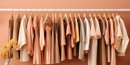 Summer wardrobe, dresses and shirts on hangers. Fashion concept in peach color 2024.の素材