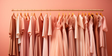 Summer wardrobe, dresses and shirts on hangers. Fashion concept in peach color 2024.の素材