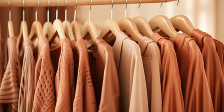 Clothes in the closet on hangers. Fashion concept in peach color 2024.の素材