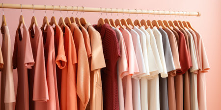 Summer wardrobe, dresses and shirts on hangers. Fashion concept in peach color 2024.の素材