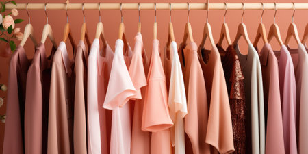 Summer wardrobe, dresses and shirts on hangers. Fashion concept in peach color 2024.の素材
