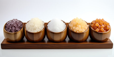Different types of sugar in wooden bowls, on a white background.の素材