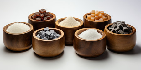 Different types of sugar in wooden bowls, on a white background.の素材