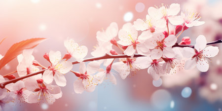 abstract blooming pink cherry branch on a light background.の素材