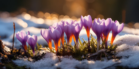 Spring crocus flowers under the snow in the sun, the beginning of spring.の素材