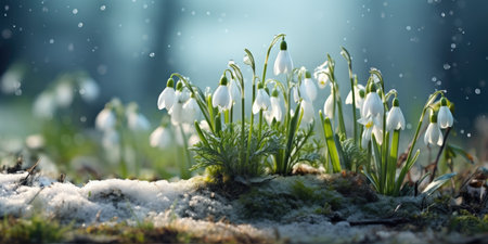 Snowdrops under the snow in the forest, the first spring flowers in the rays of the sun.の素材