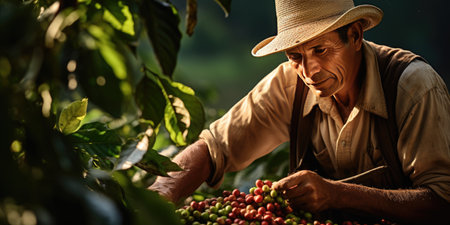 Portrait of a man in a hat harvesting coffee beans. Coffee plantationの素材