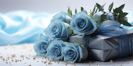 Bouquet of beautiful blue roses, holiday or birthday theme.の素材
