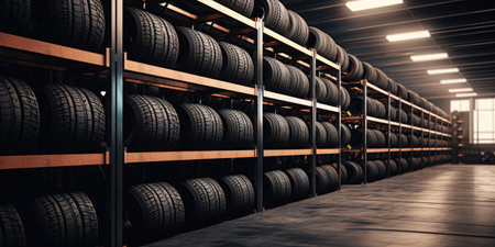 Automatic modern warehouse for car tires with racks, various tires for cars.の素材