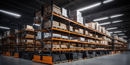 Modern warehouse with shelving. Distribution center.の素材