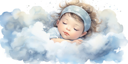Child on a cloud using watercolor technique. Drawing with paints. Sweet childhood dreams.の素材