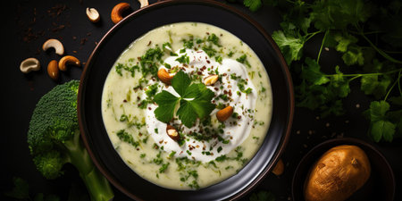 Vegetarian cream of broccoli soup on a dark background, top view.の素材