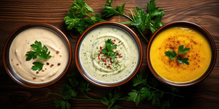 Vegetarian vegetable cream soup on a dark background, top view. Three vegetable soups.の素材