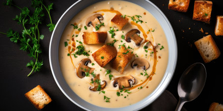 Top view of mushroom soup with croutons, bowl of soup on dark background.の素材