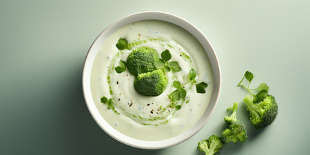 Cream of broccoli soup top view. Vegetarian vegetable soup.の素材