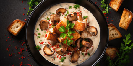 Top view of mushroom soup with croutons, bowl of soup on dark background.の素材