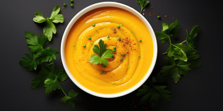 Carrot and pumpkin cream soup, with herbs. Vegetarian vegetable soup.の素材