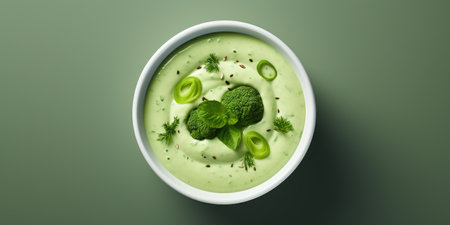 Vegetarian cream of broccoli soup on a dark background, top view.の素材