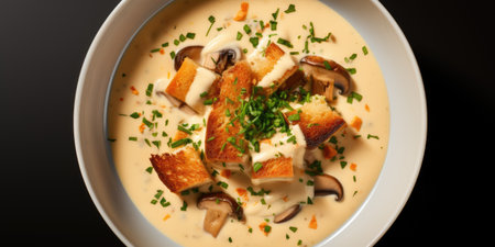 Top view of mushroom soup with croutons, bowl of soup on dark background.の素材