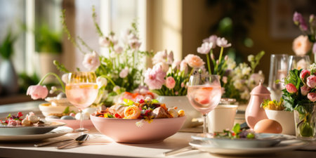 Festively decorated table for Easter with eggs and flowers.の素材