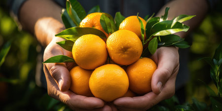 Lots of ripe sweet oranges in hands, tropical fruits in hands.の素材
