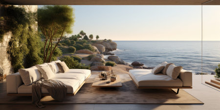 Modern bedroom with ocean view. Loft interior design background.の素材