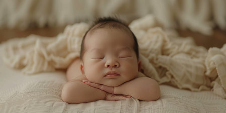 Newborn Asian baby on a light backgroundの素材