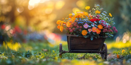 old village cart with flowers on the lawn in the back garden.の素材