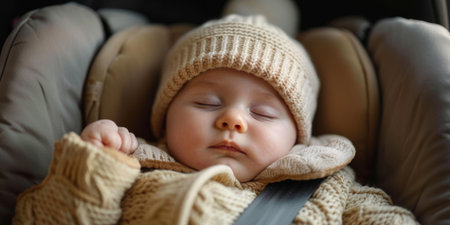 Traveling by car. Child in a car seat. Holidays with children.の素材