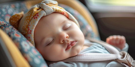 Cute and happy baby in a car seat. Traveling by car. Child in a car seat. Holidays with children.の素材