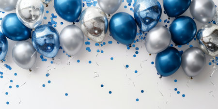 Bright shiny blue and silver balloons on a light background, festive background for text. High quality photoの素材