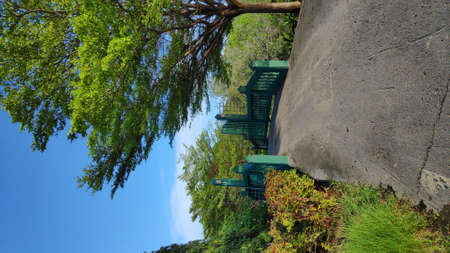 A small green wooden bridge over the canal in the park Bangkok, Thailand.の写真素材