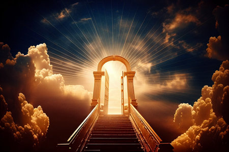 Conceptual image of stairway leading to heaven with light raysの素材