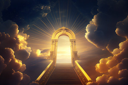 Stairway to heaven with golden door and clouds. 3D renderingの素材