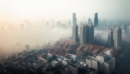 Foggy cityscape with urban buildings and fog. 3D renderingの素材