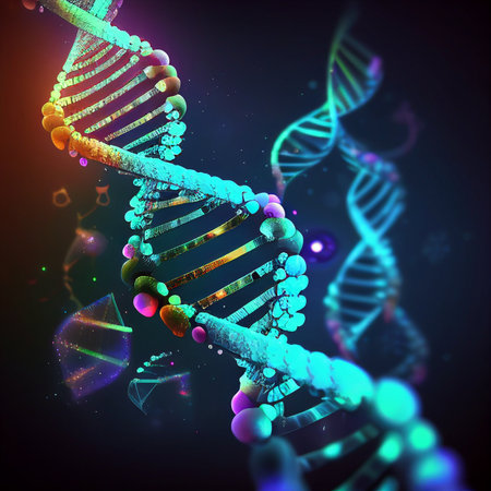 DNA molecule with modified genes.Digital code human genome concept ,3D Rendering.の素材