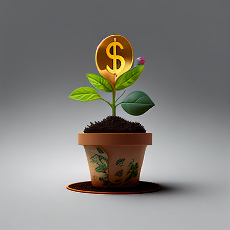 Pot of plant with gold coin flower png Images.Finance and Investment concept.Manage your spending and savings to improve your finances.の素材