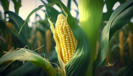 Ripe corn on the cob in the field, close-upの素材