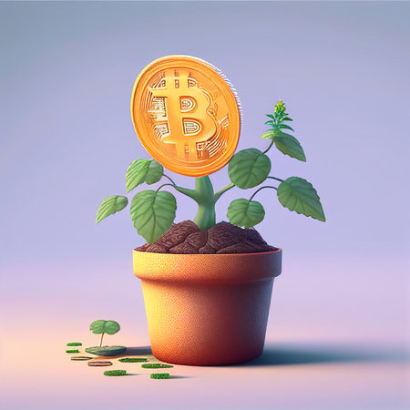 Growth golden bit coin crypto potted plant.Cryptocurrency flower.Finance and Investment concept.Manage your spending and savings to improve your finances.の素材