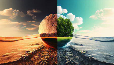 Collage of four seasons. Nature, environment and ecology concept.Global Warming VS Climate Change. Earth Will Continue to Warm and the Effects.の素材