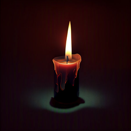 Candle Light Power dark background. Isolated burning candle flame fire light composition in the dark background.の素材