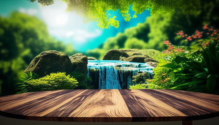 Wooden table with blurred view of waterfall in the garden. 3D Rendering.の素材