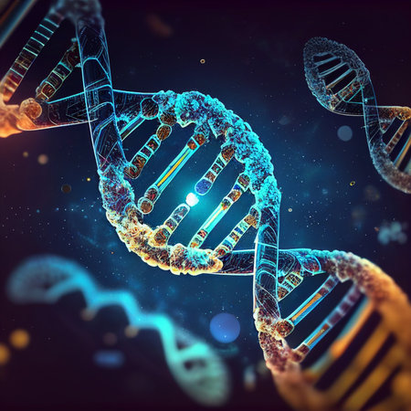 DNA molecule with modified genes.Digital code human genome concept ,3D Rendering.の素材